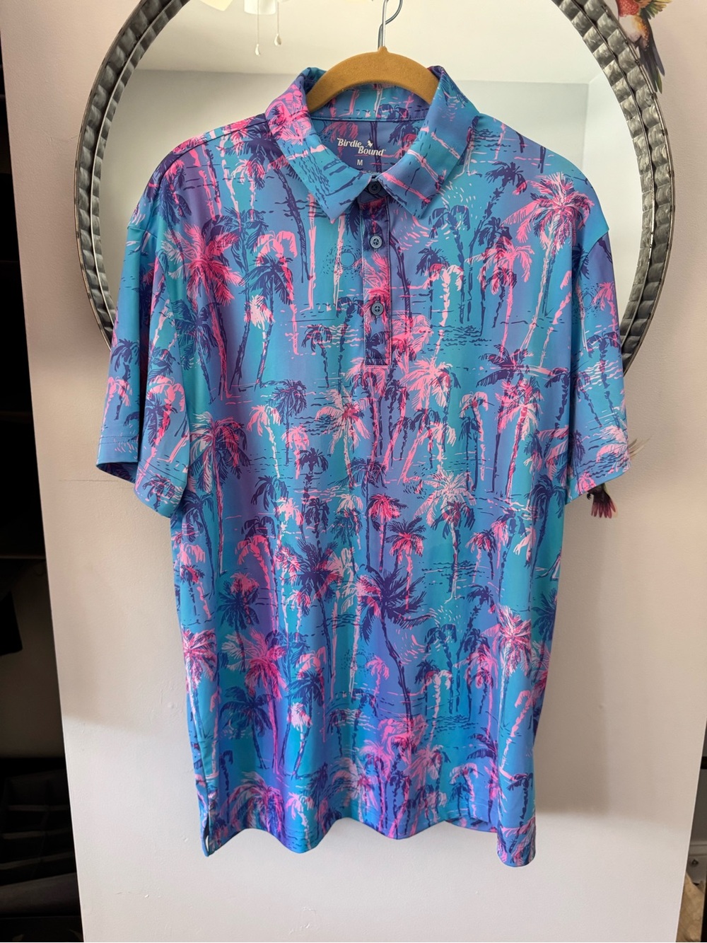 Birdie Bound Blue Palm-Print Polo with Pink Accents